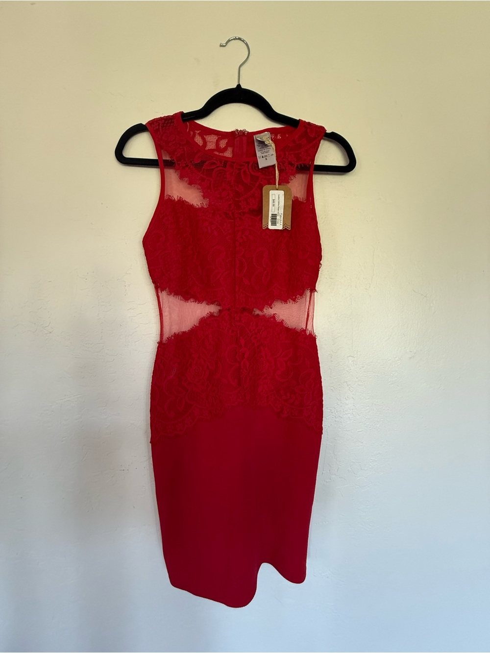 Sleeveless Red Lace Midi Dress with Sheer Insets